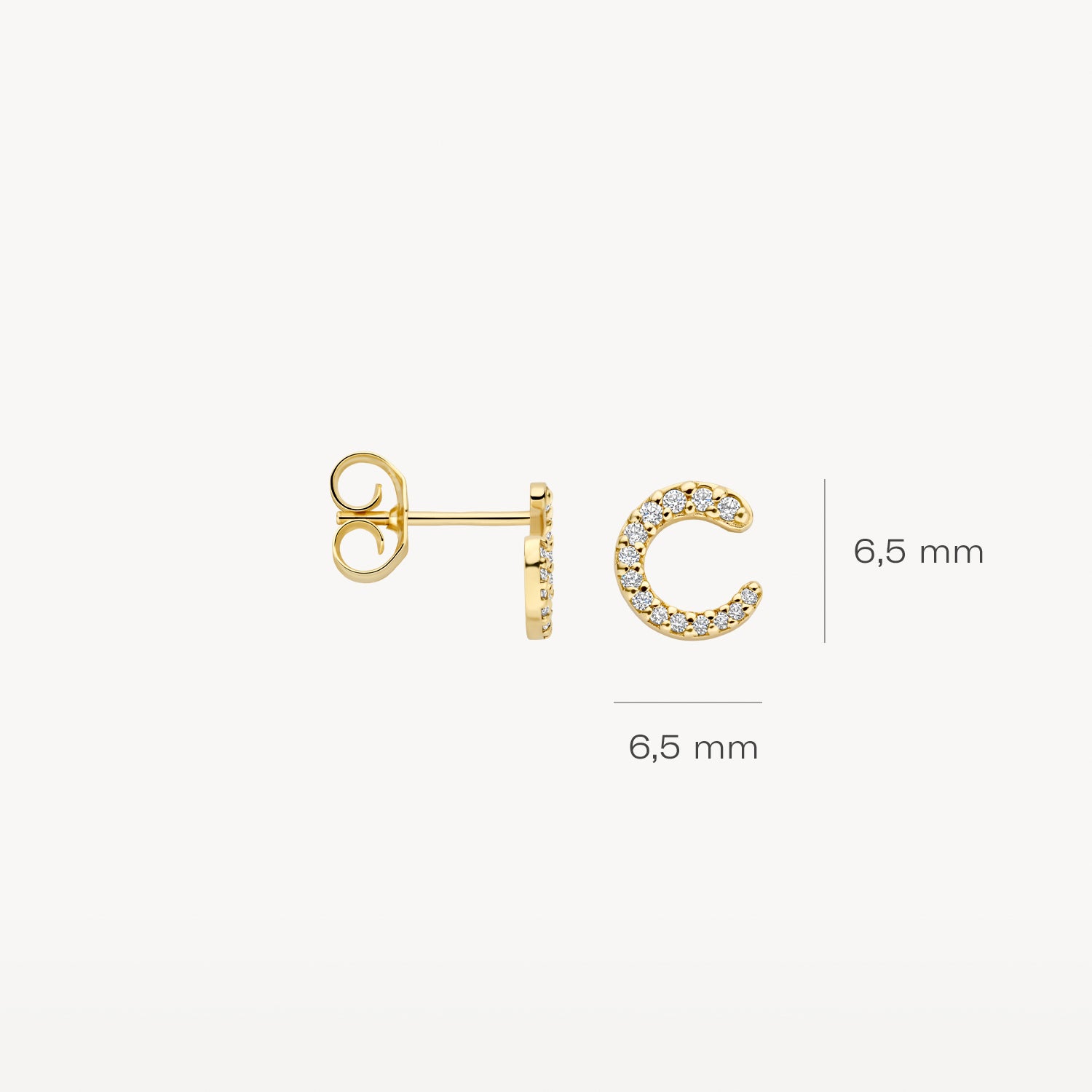 14k goud oorknopjes met ronde zirkonia, 6,5 mm diameter, strakke afwerking.