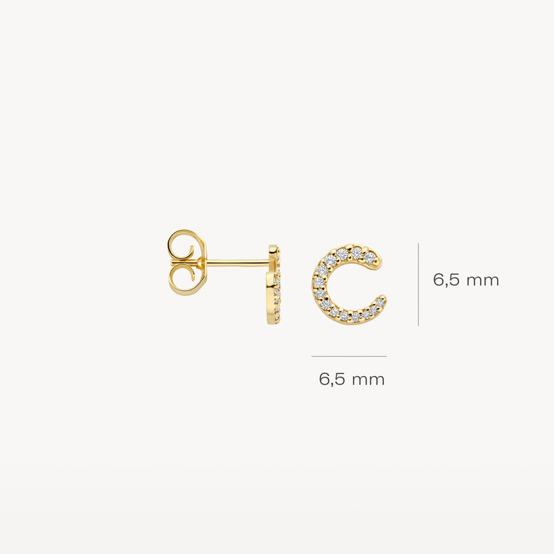 14k goud oorknopjes met ronde zirkonia, 6,5 mm diameter, strakke afwerking.