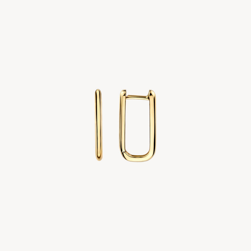 14k goud oorringen met rechthoekige vorm en sluiting aan achterkant.