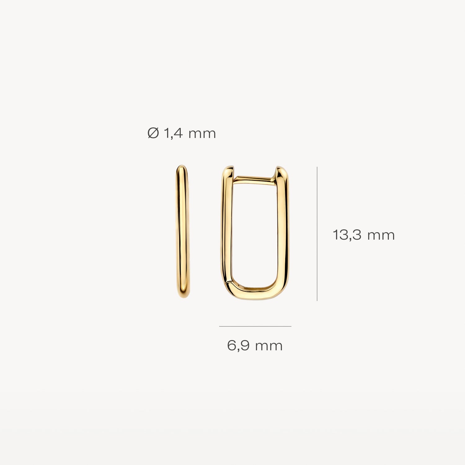 Oorringen van 14k goud met smalle, rechthoekige vorm en afgeronde hoeken, 13,3 mm hoog.