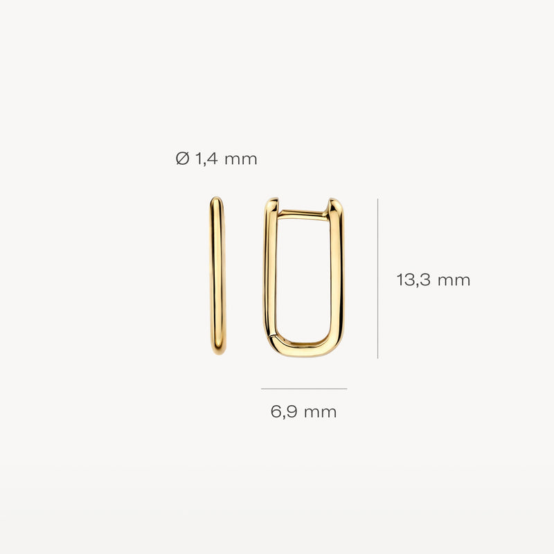 Oorringen van 14k goud met smalle, rechthoekige vorm en afgeronde hoeken, 13,3 mm hoog.