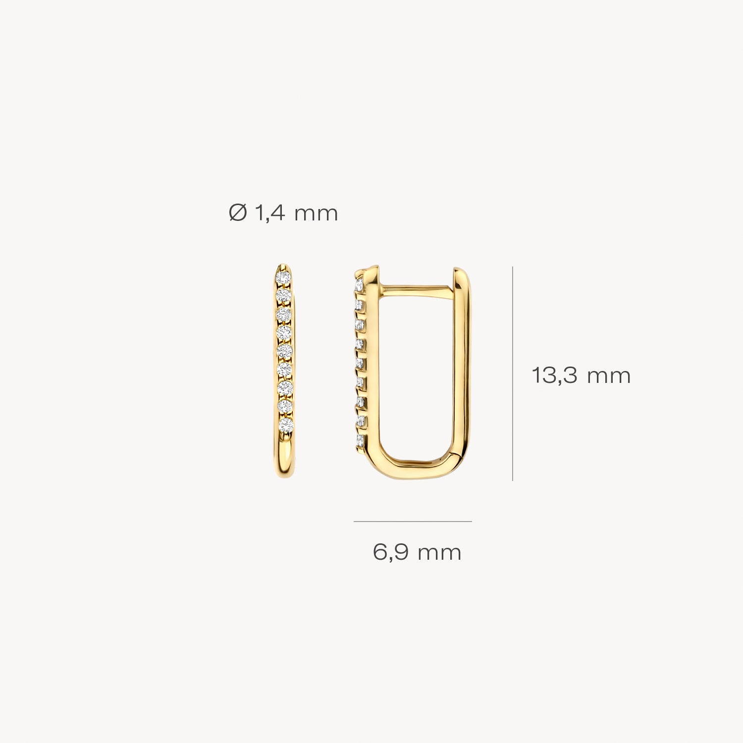 Oorringen van 14k goud met kleine zirkonia, 13,3 mm hoog en 6,9 mm breed.