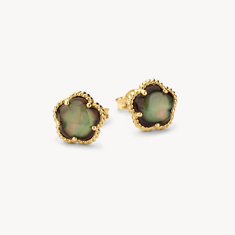 Boucle d'oreille en or jaune 14 carats avec Nacre noire, gros plan.