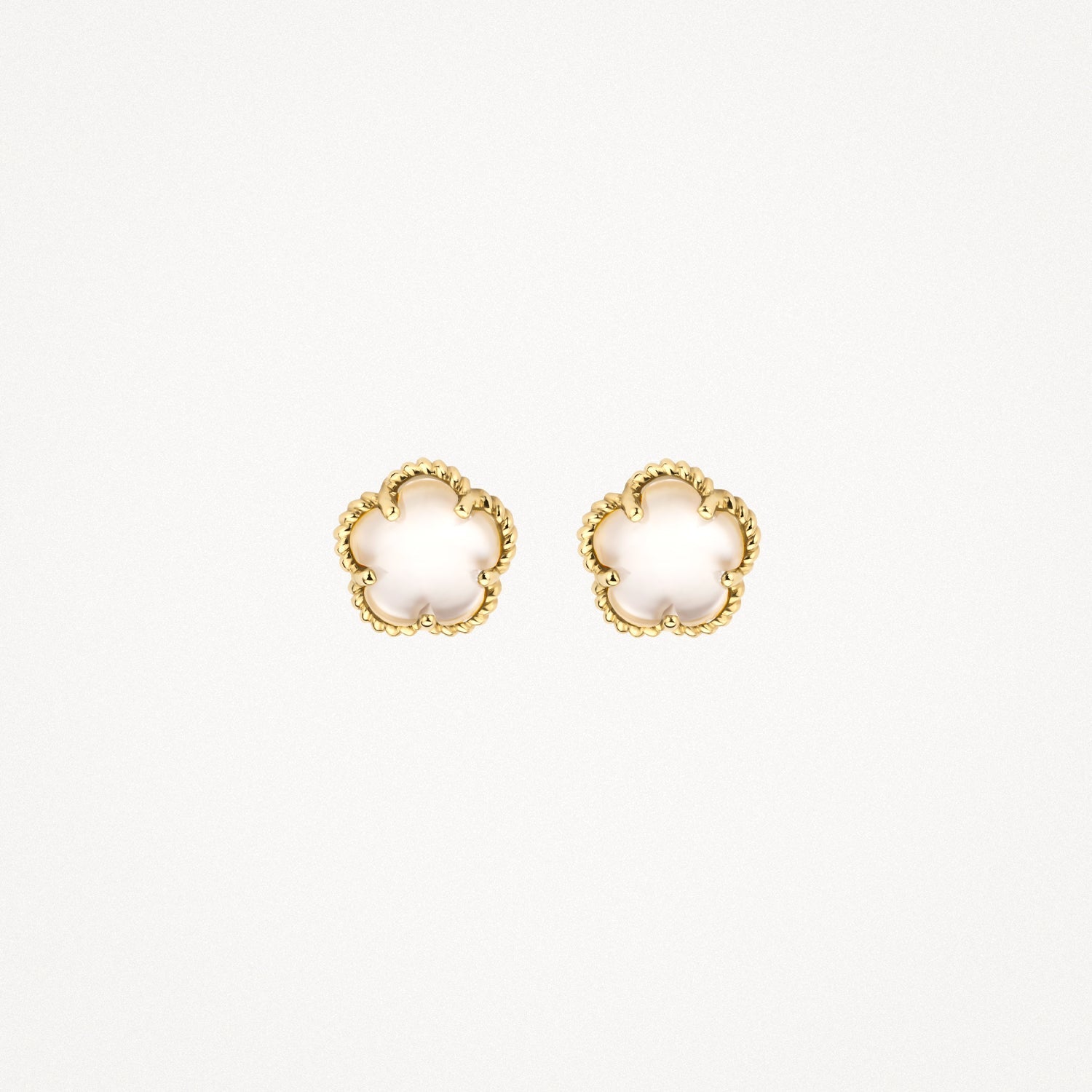 Boucles d'oreilles en or jaune 14 carats avec un Nacre blanc rond, vue de profil.