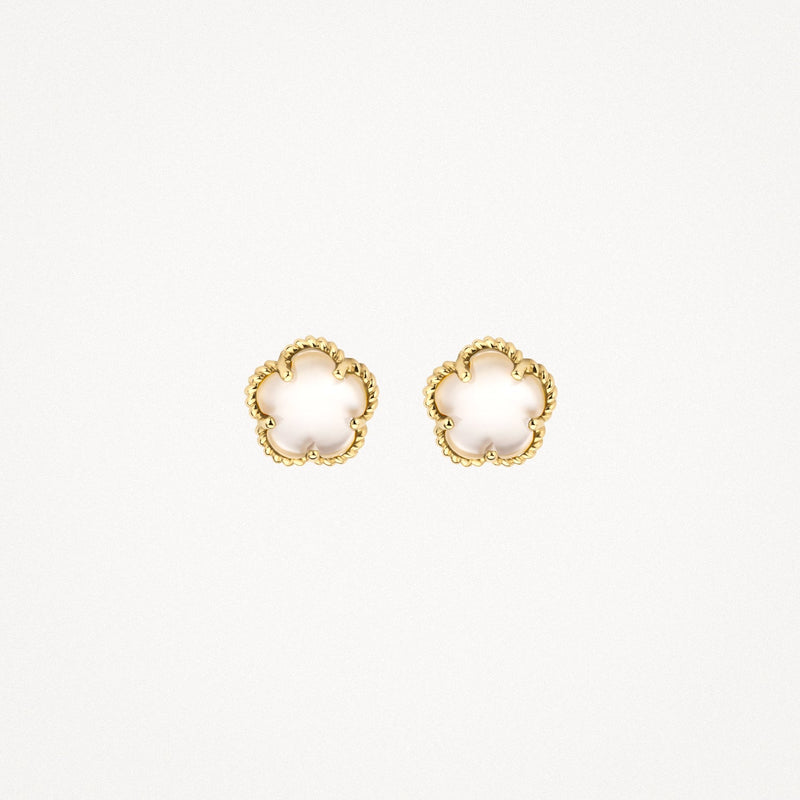 Boucles d'oreilles en or jaune 14 carats avec un Nacre blanc rond, vue de profil.