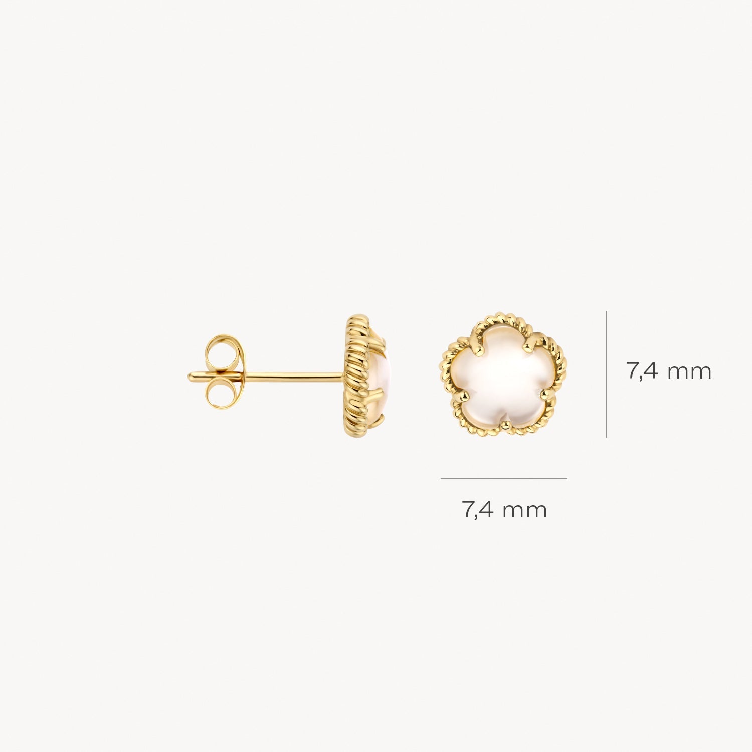 Boucles d'oreilles avec Nacre blanches, or jaune 14 carats, pierre de 7,4 mm.