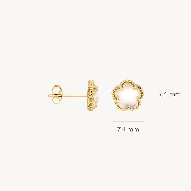 Boucles d'oreilles avec Nacre blanches, or jaune 14 carats, pierre de 7,4 mm.