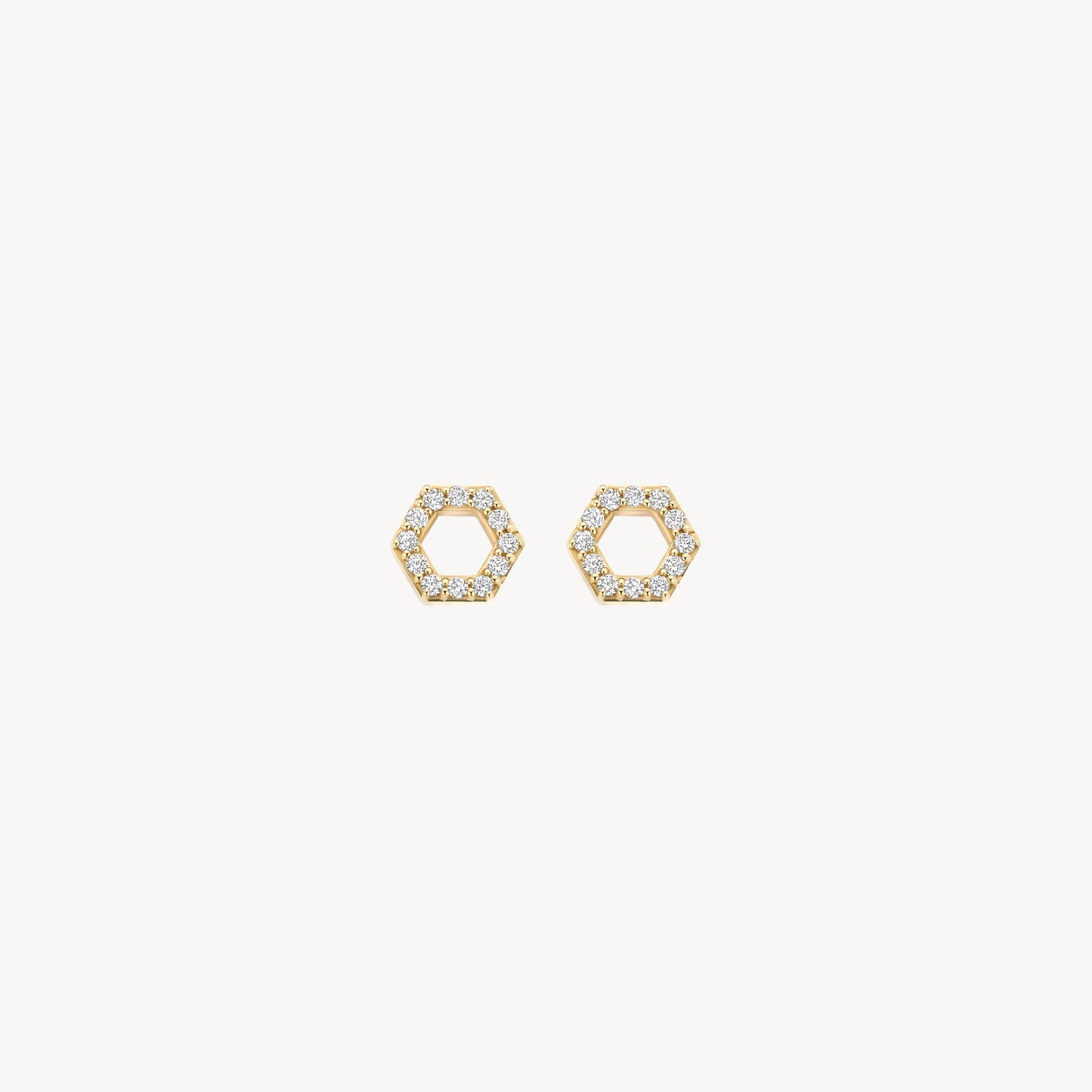14ct yellow gold stud earrings with a row of clear Zirconias, side view.