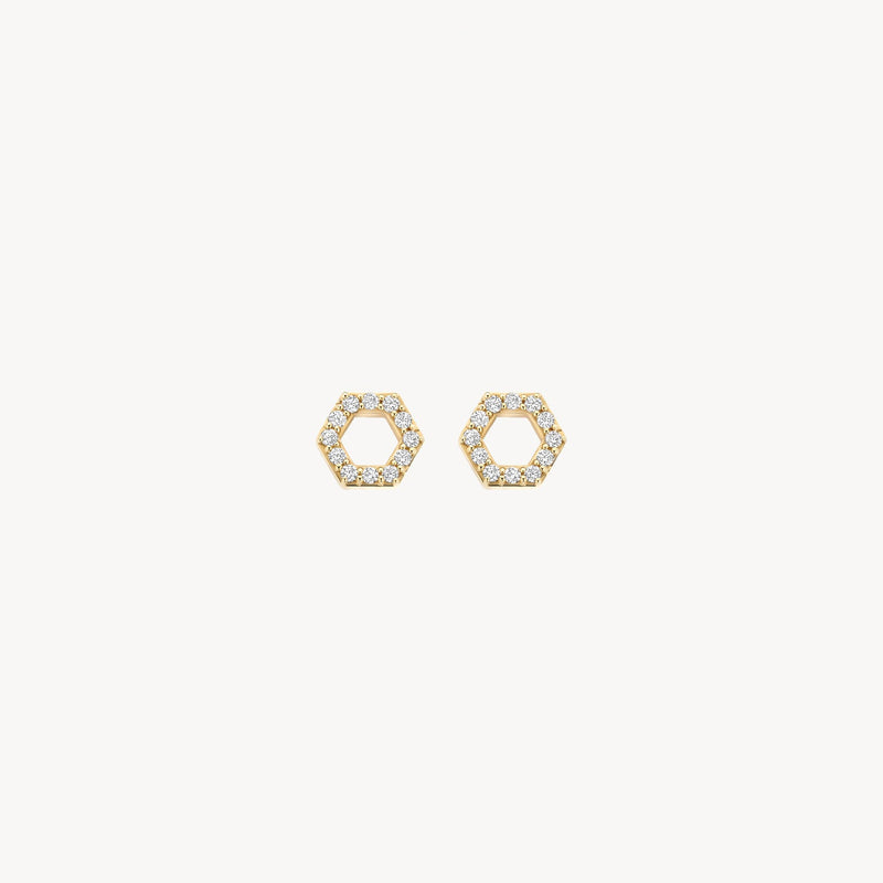 14ct yellow gold stud earrings with a row of clear Zirconias, side view.