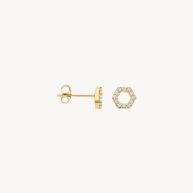 14ct yellow gold stud earrings with pavé Zirconias, close-up.