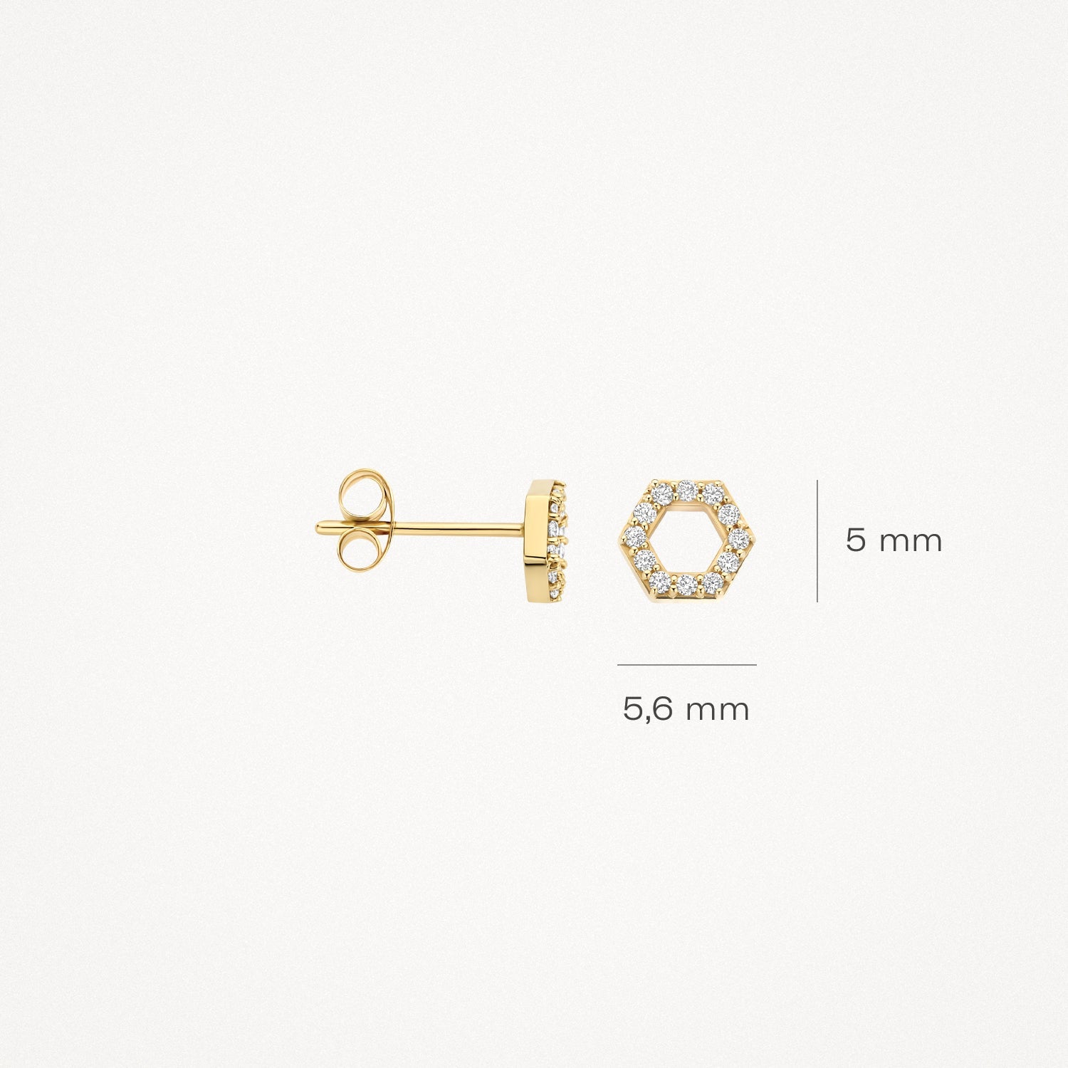 Zirconia stud earrings, 14ct yellow gold, 5.6 by 5 mm.