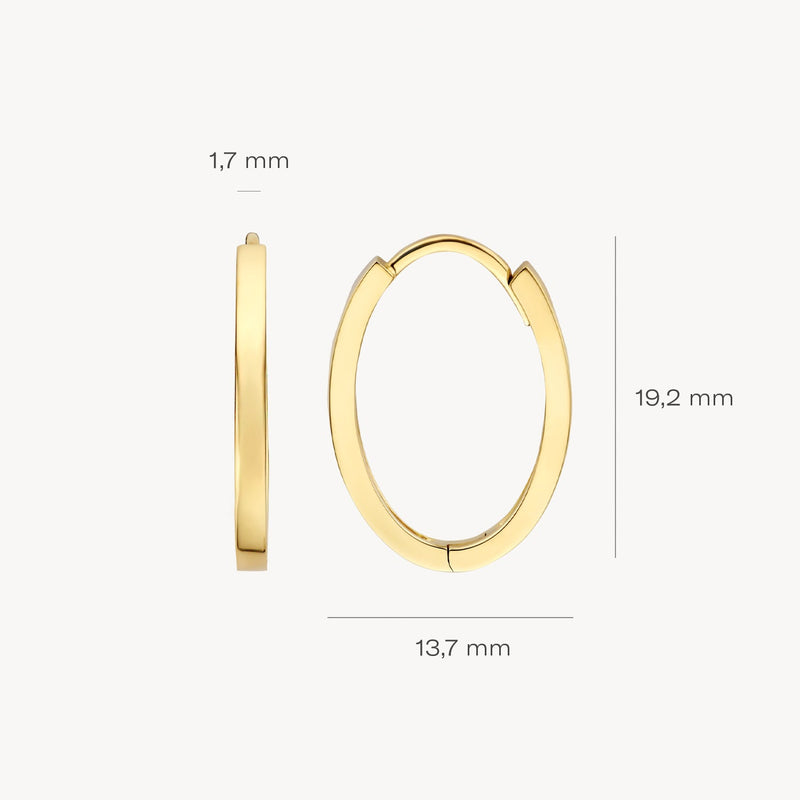 Véritable or jaune 14 carats Créoles, largeur 13,7 mm, épaisseur 1,7 mm.