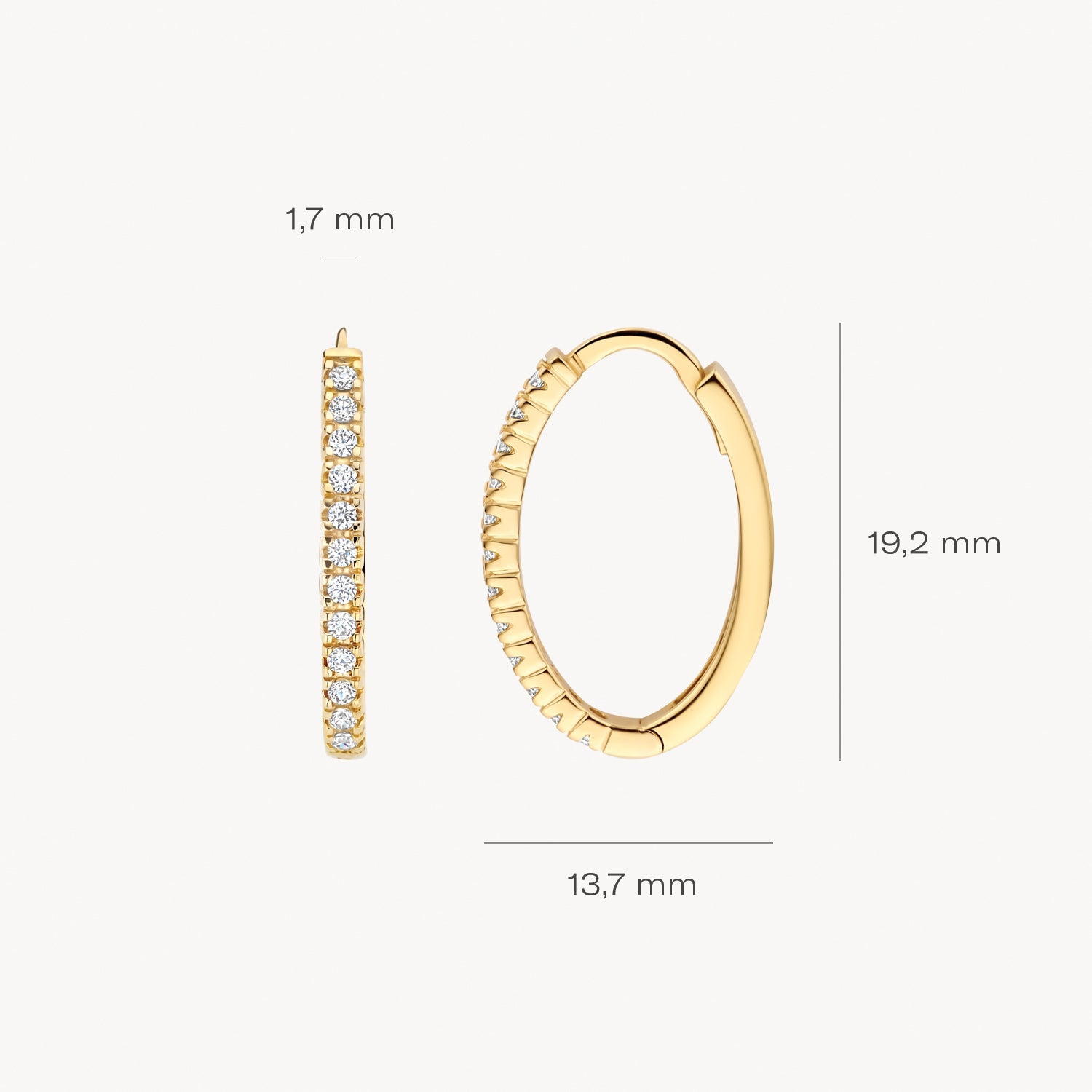Zircone Créoles, or jaune 14 carats, largeur 13,7 mm, épaisseur 1,7 mm.
