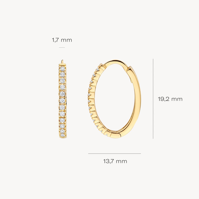 Zircone Créoles, or jaune 14 carats, largeur 13,7 mm, épaisseur 1,7 mm.
