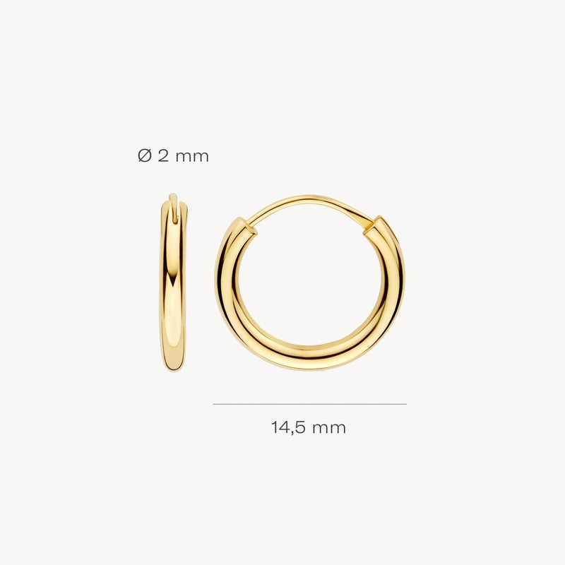Véritable or jaune 14 carats Créoles, diamètre de 14 mm, épaisseur de 2 mm.