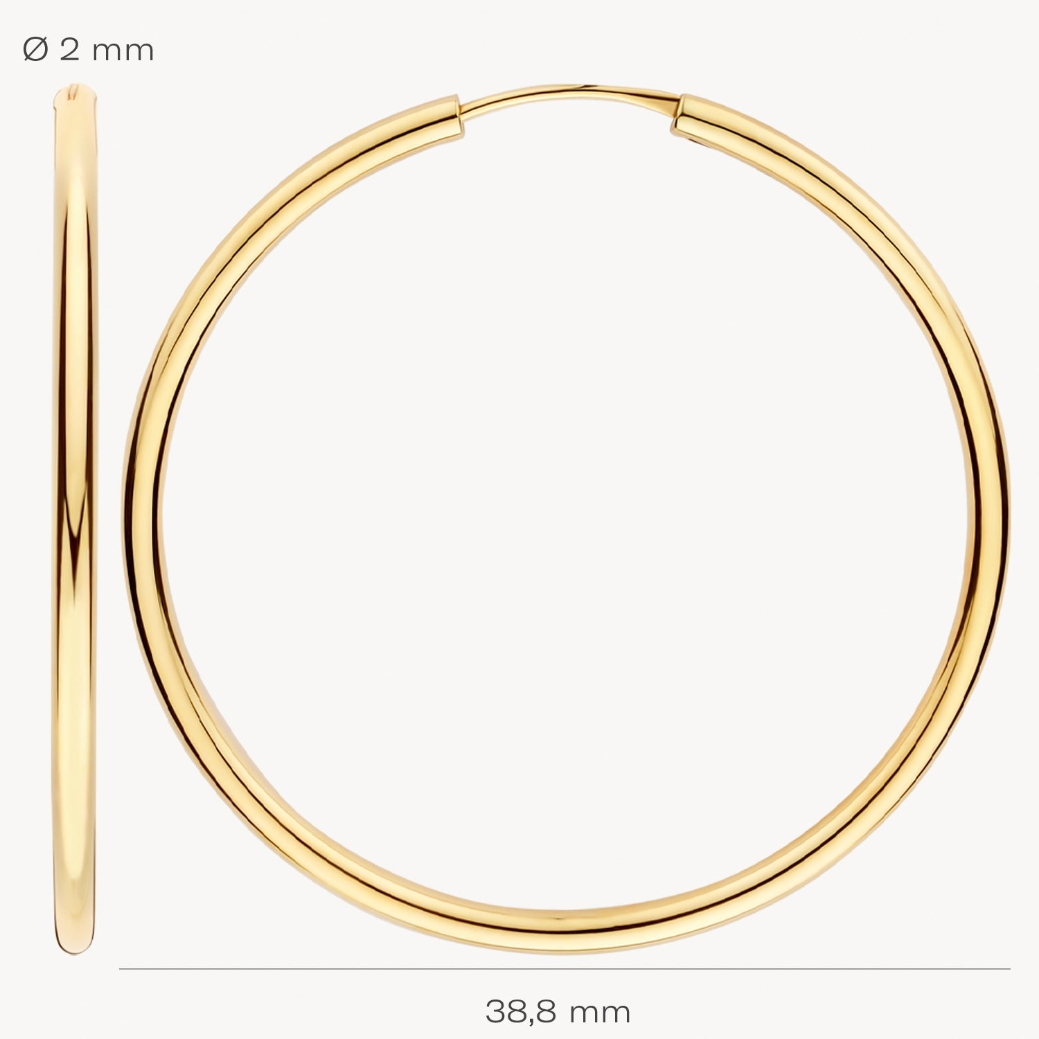 Véritable or jaune 14 carats Créoles, diamètre 38,8 mm, épaisseur 2 mm.