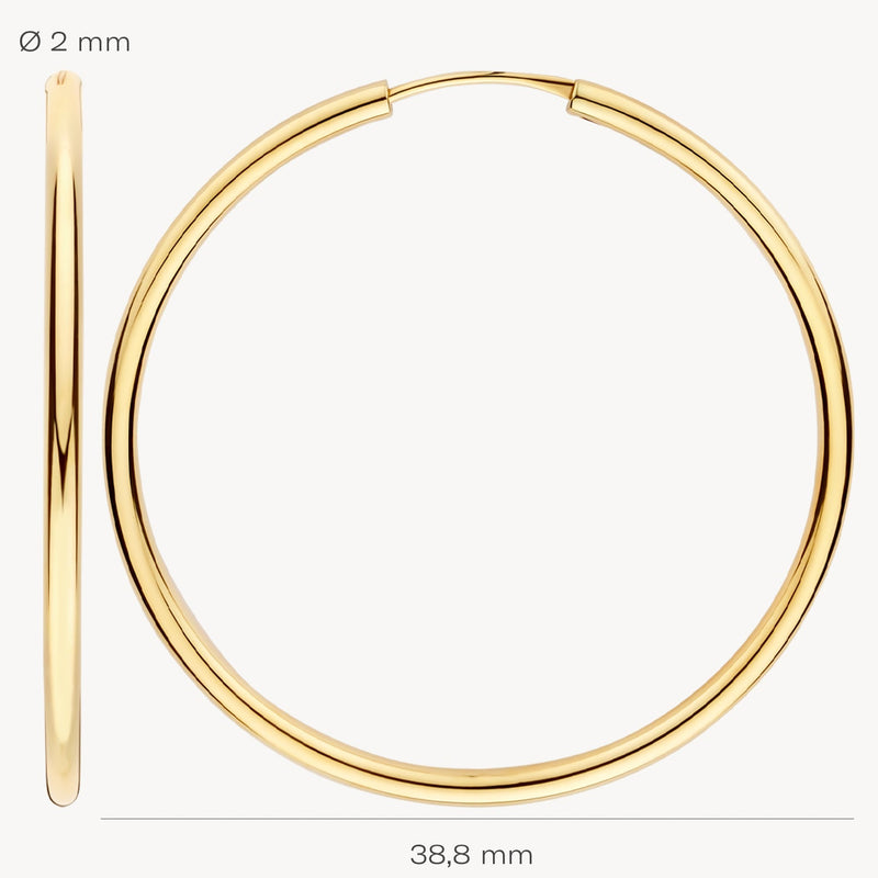 Véritable or jaune 14 carats Créoles, diamètre 38,8 mm, épaisseur 2 mm.