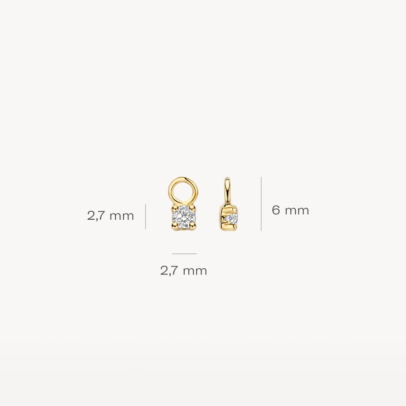 Kleine 14k goud oorbedels met ronde zirkonia, 2,7 mm breed en 6 mm hoog.