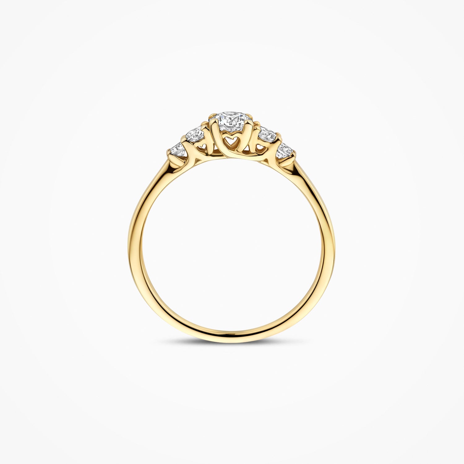 14k goud ring met drie kleine lab diamanten in fijne zetting.