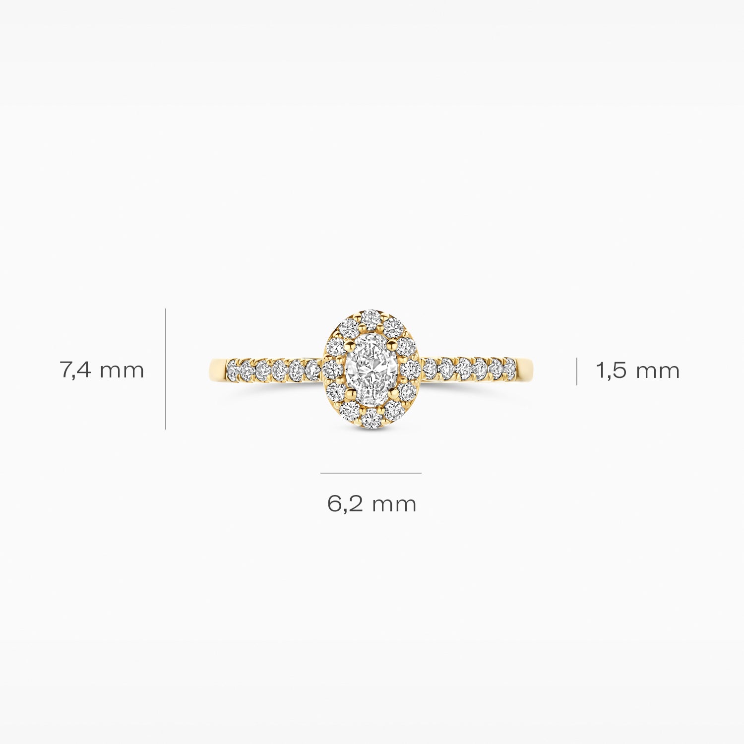 14k goud ring met ovale lab diamanten en smalle band van 1,5 mm.
