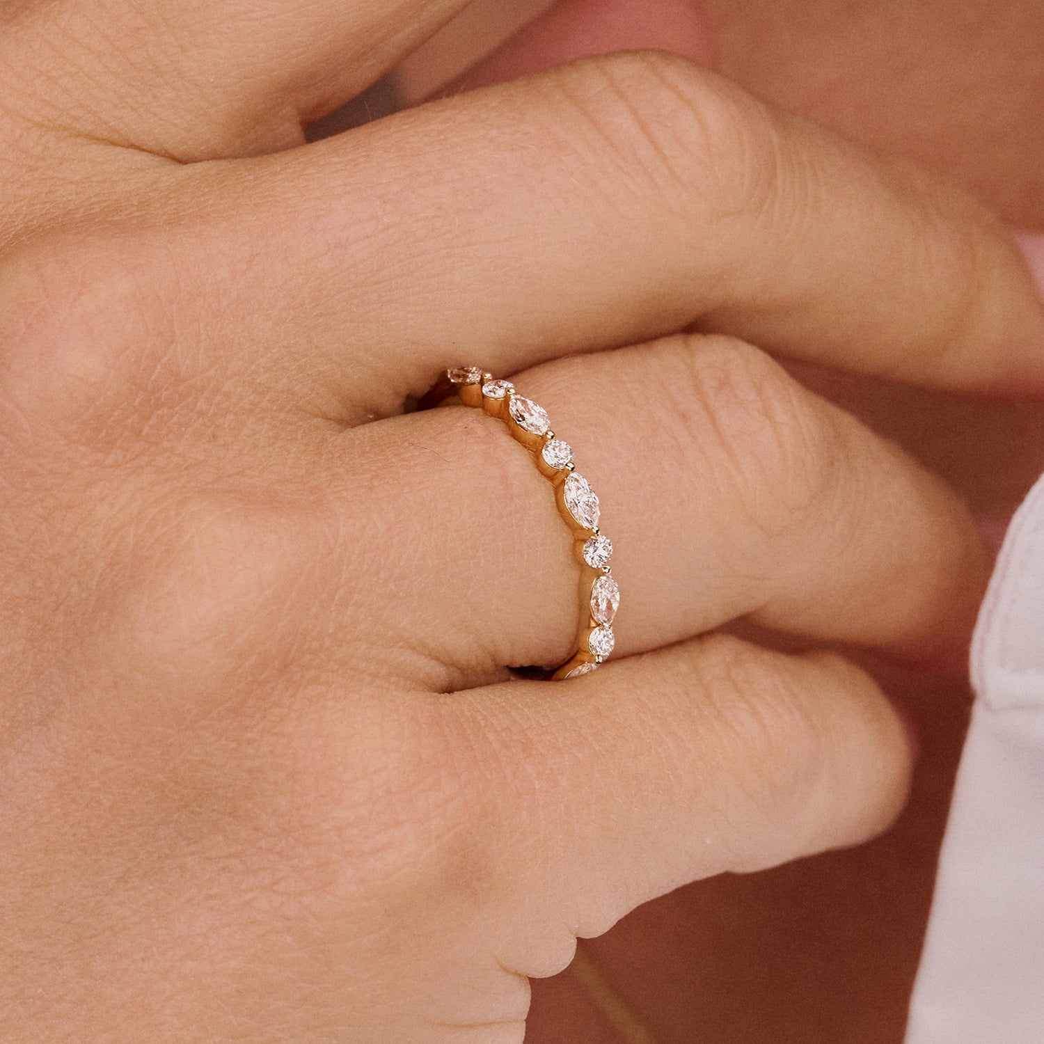 14ct Yellow gold ring with lab-grown diamonds, front view.
