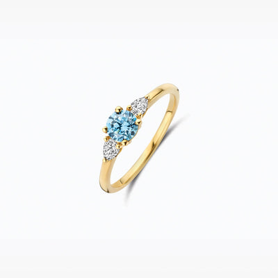 585er Gelbgold Ring mit klaren und blauen Laborgezüchteter Diamant, Nahaufnahme.