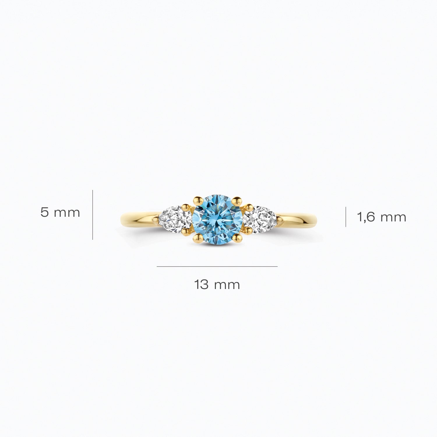 Diamant de synthèse Bague, or jaune 14 carats, avec un diamant bleu, VSi, Top Wesselton.