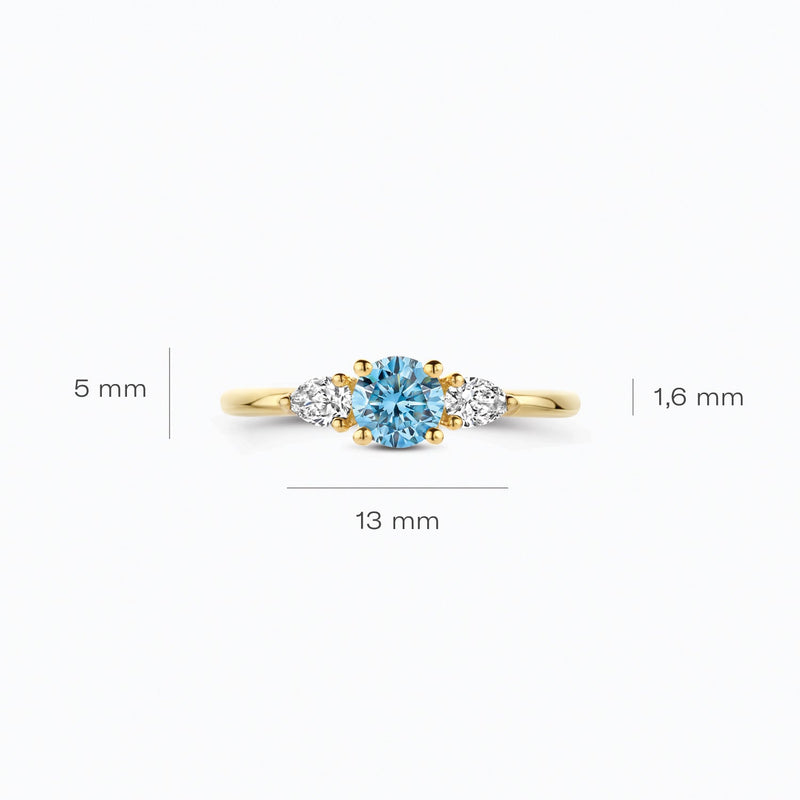 Diamant de synthèse Bague, or jaune 14 carats, avec un diamant bleu, VSi, Top Wesselton.
