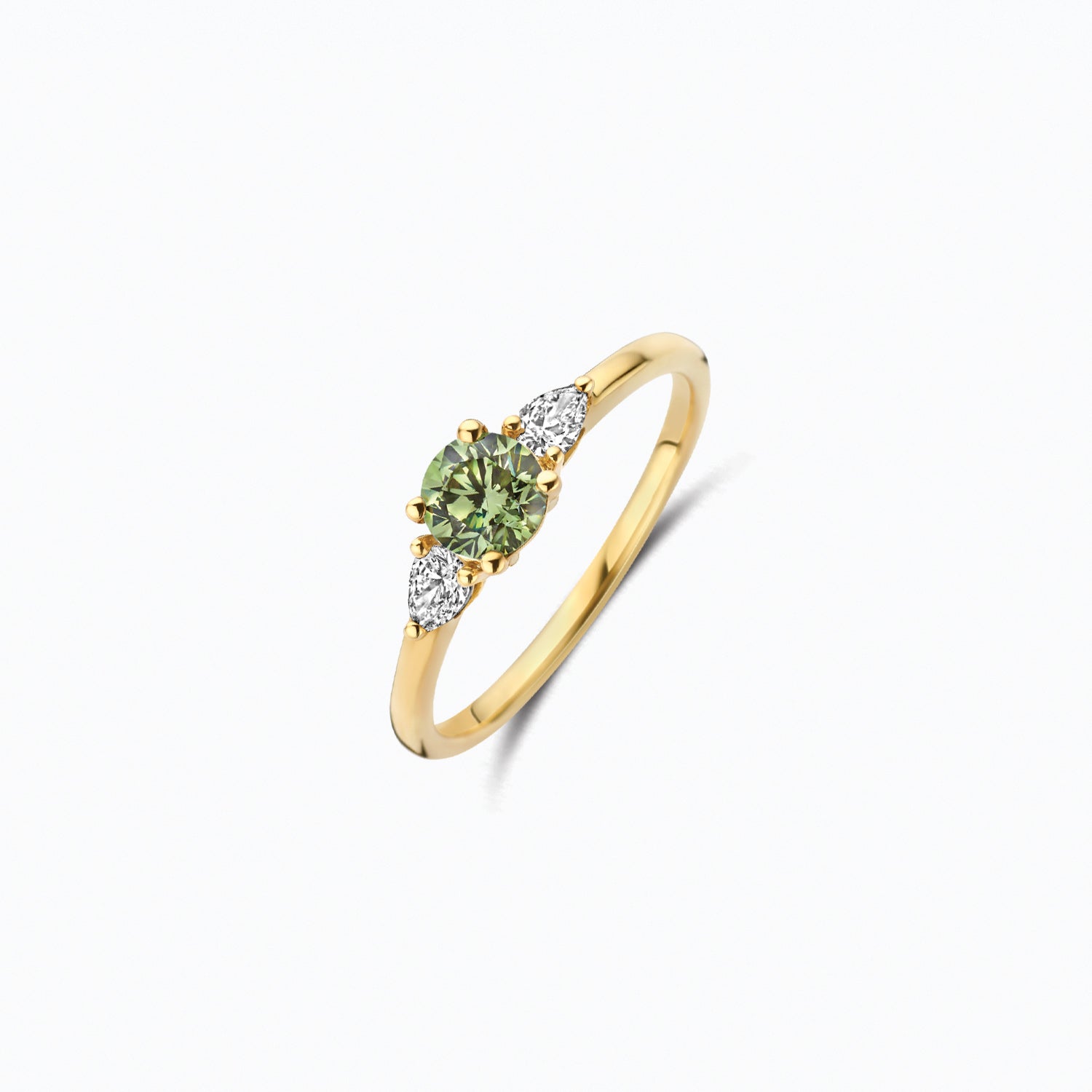 14ct yellow gold ring with Lab Grown Diamond and a green stone, side view.