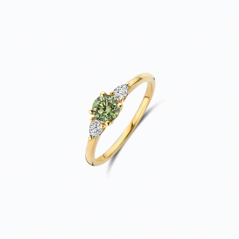 14ct yellow gold ring with Lab Grown Diamond and a green stone, side view.
