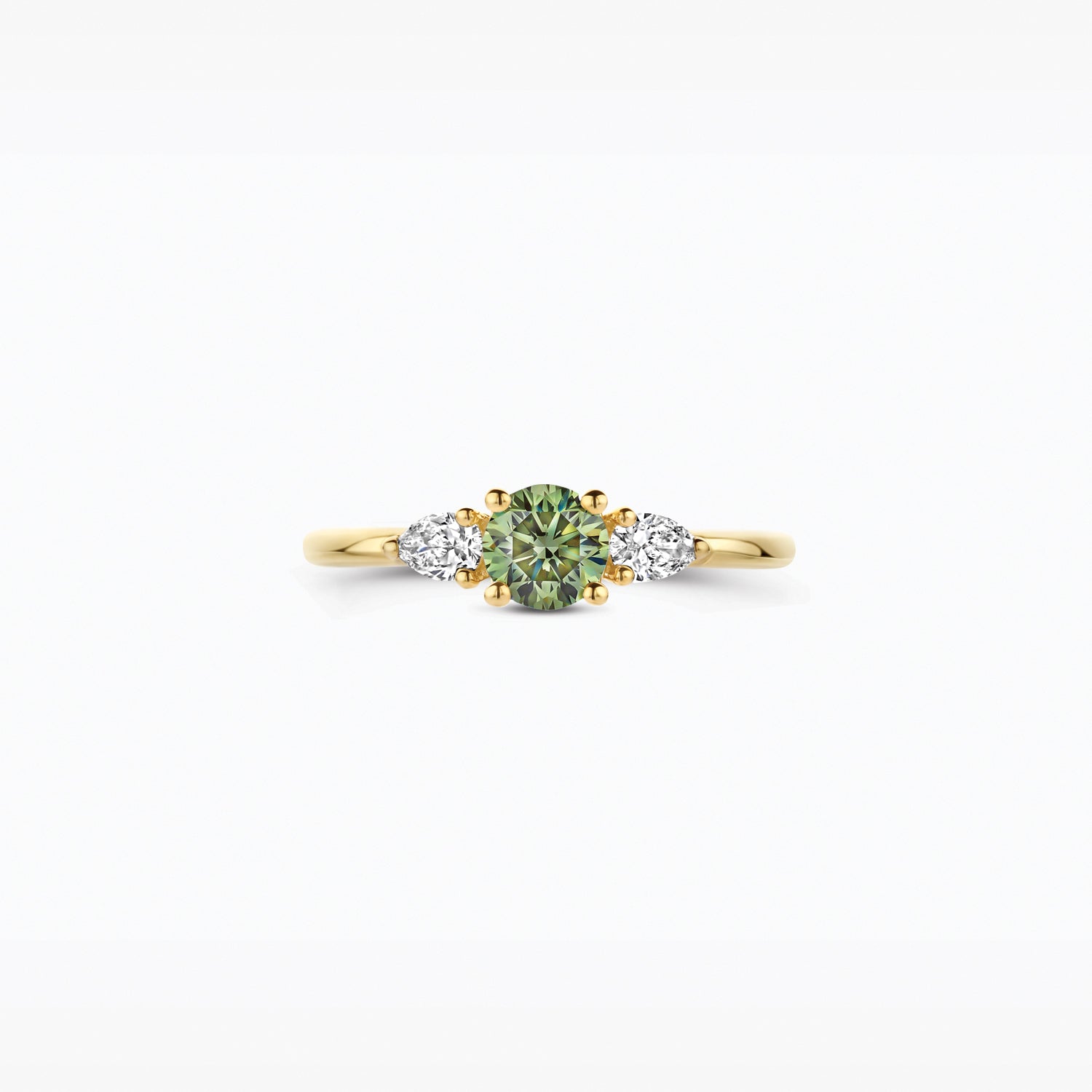 14ct yellow gold ring with Lab Grown Diamond and green Diamond, close-up.