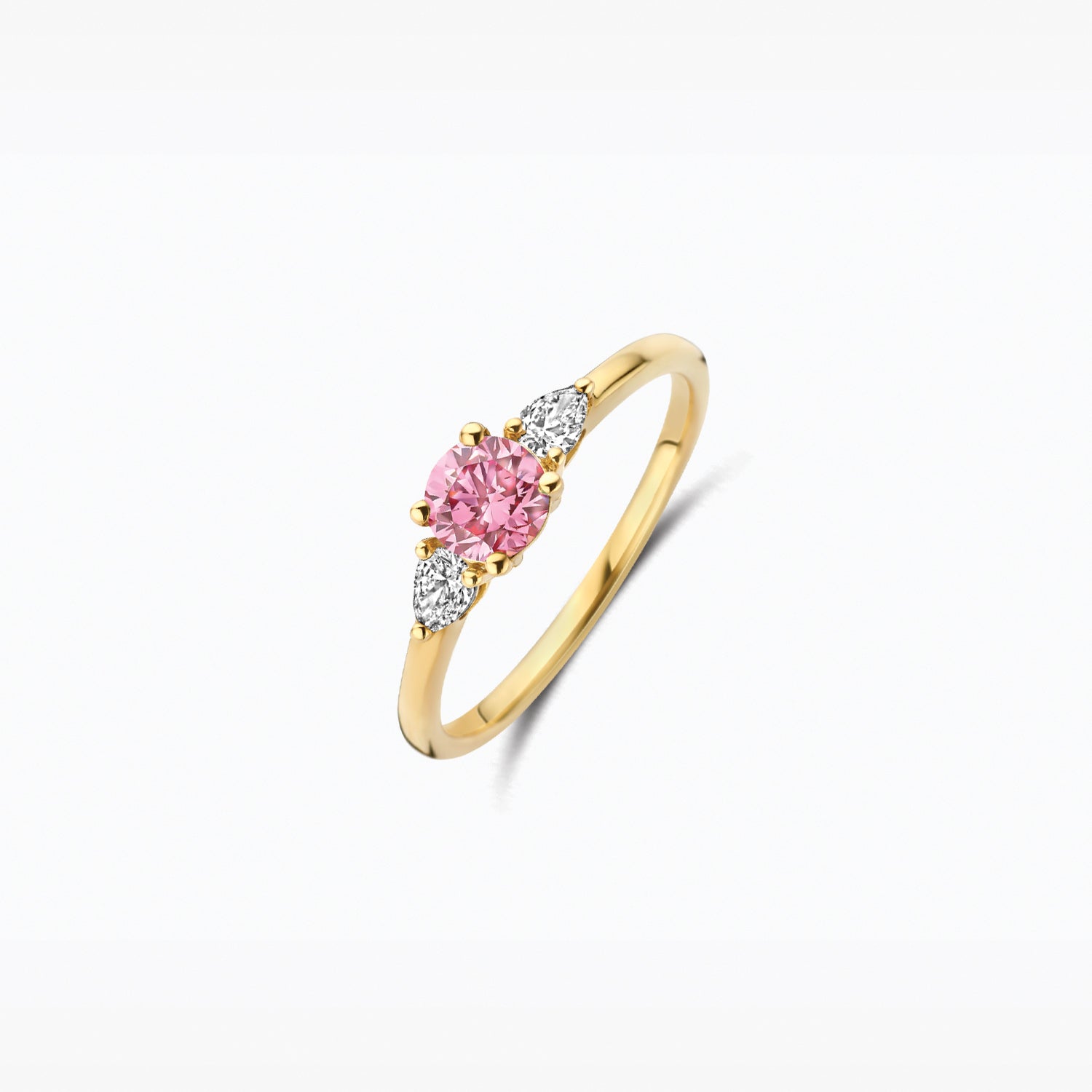 Or jaune 14 carats Bague avec des pierres Diamant de synthèse et Rose, vue de profil.