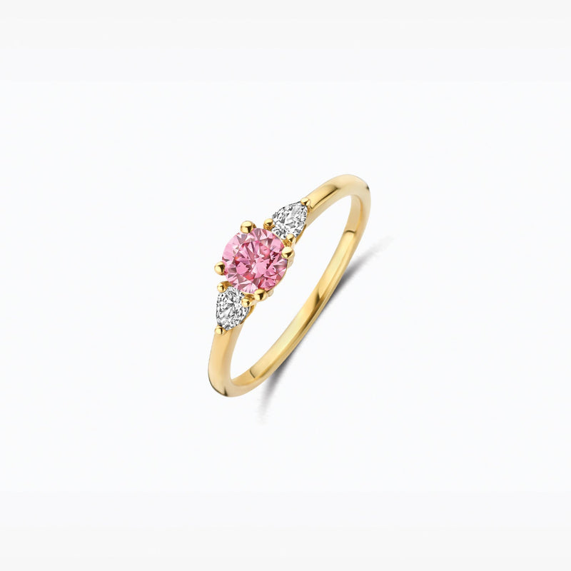 Or jaune 14 carats Bague avec des pierres Diamant de synthèse et Rose, vue de profil.