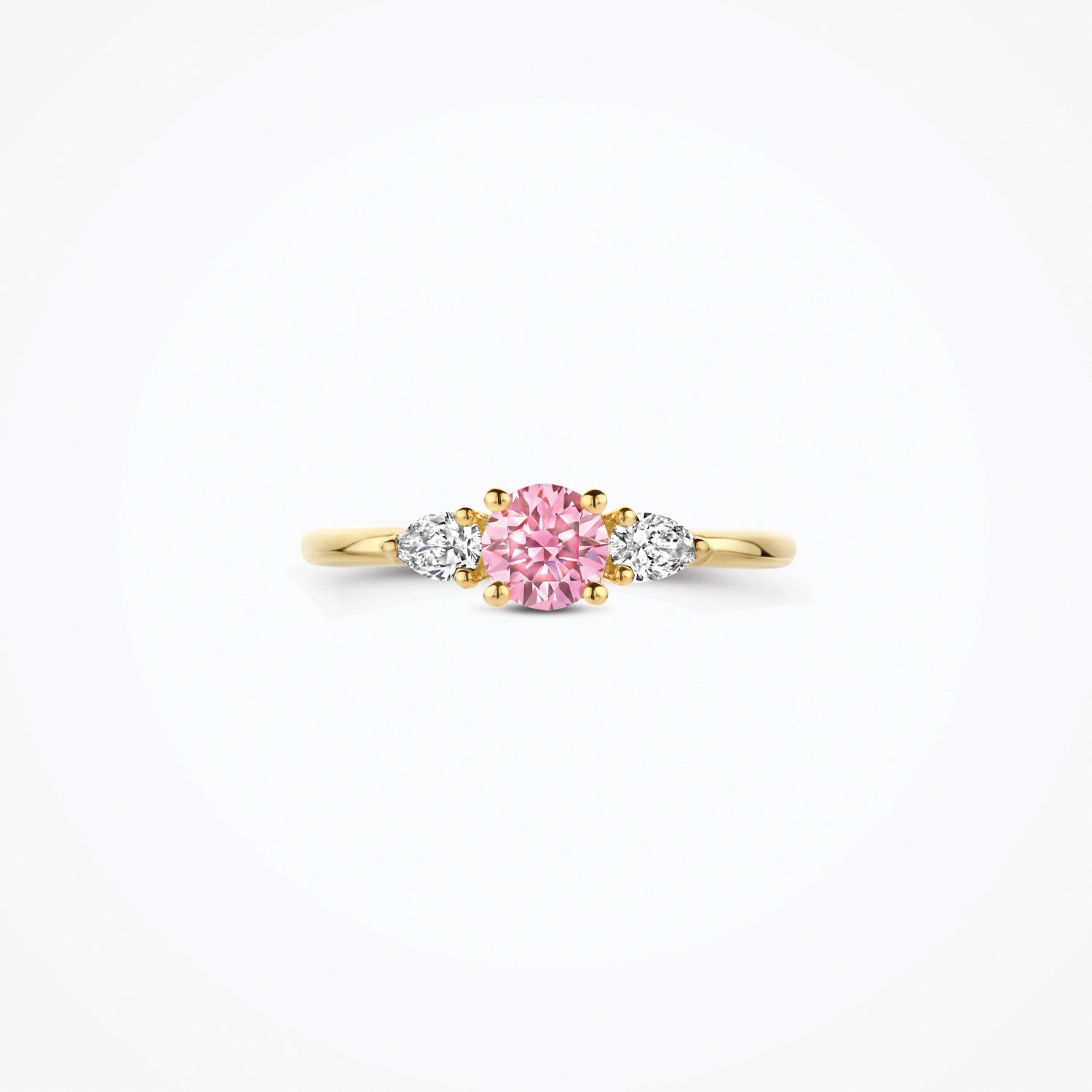 Or jaune 14 carats Bague serti de diamants Diamant de synthèse et Rose, gros plan.