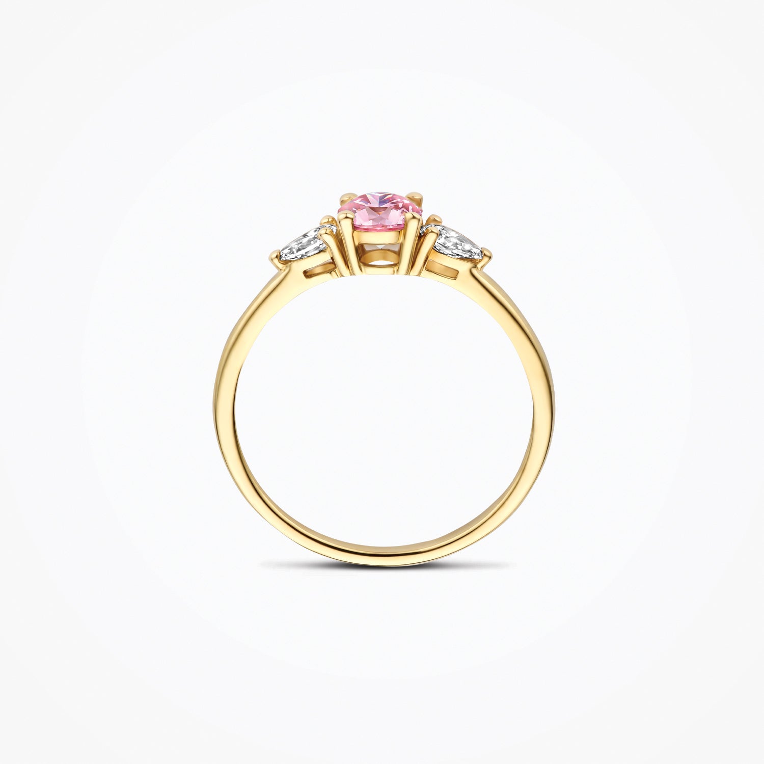 Bague en or jaune 14 carats Bague sertie d'un diamant synthétique étincelant et d'un diamant Rose, gros plan.