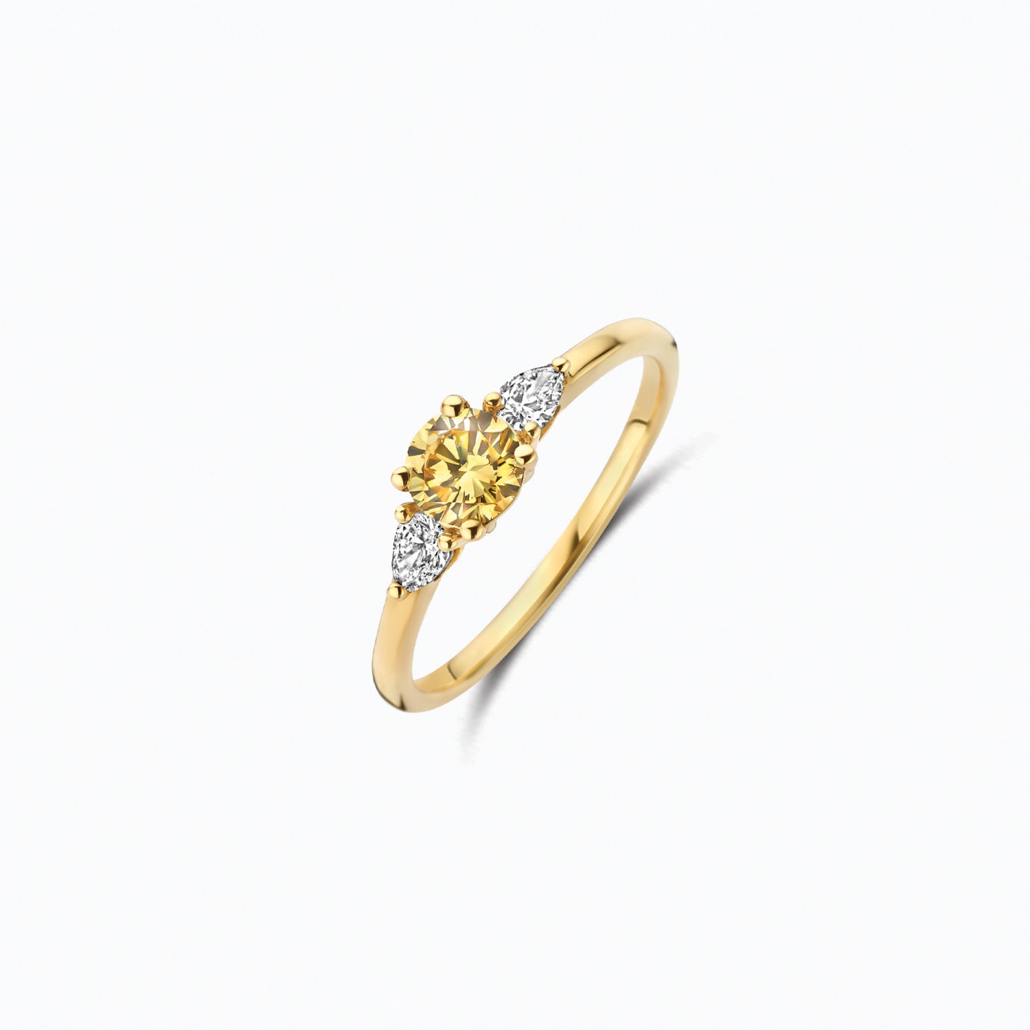 Or jaune 14 carats Bague avec Diamant de synthèse et une pierre jaune, vue de profil.