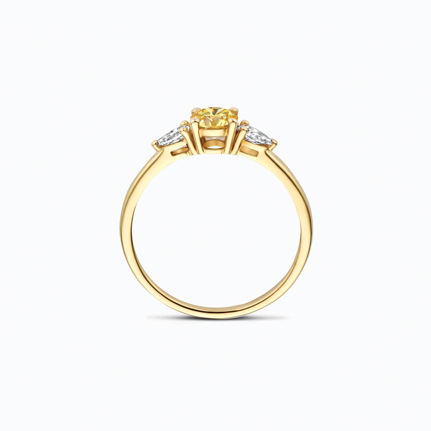 Bague en or jaune 14 carats Bague sertie d'un diamant synthétique étincelant et d'un diamant jaune, gros plan.