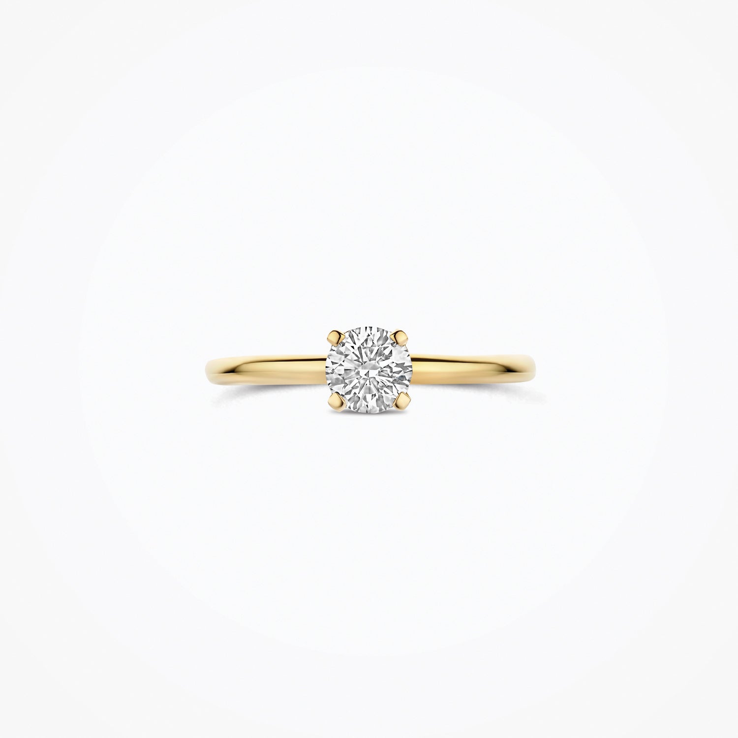 Bague en or jaune 14 carats avec Diamant de synthèse ronde, vue de profil.