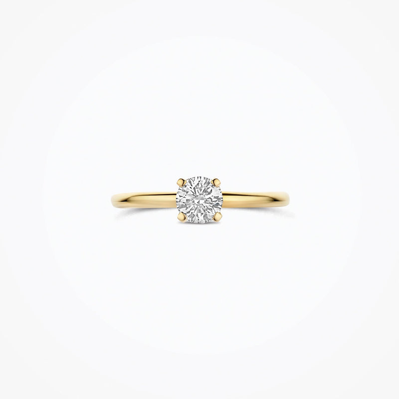 Bague en or jaune 14 carats avec Diamant de synthèse ronde, vue de profil.