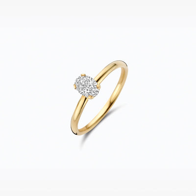 585er aus Gelbgold Ring mit ovalem Laborgezüchteter Diamant, Vorderansicht.