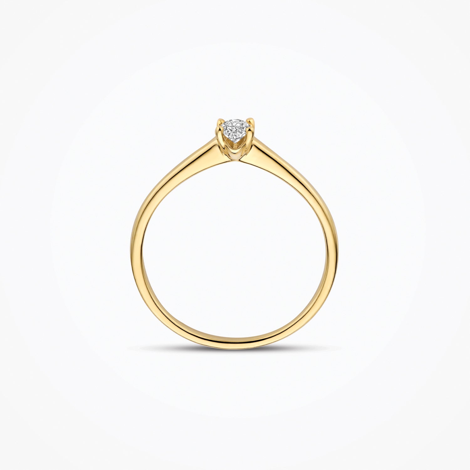 14ct yellow gold ring with an oval Lab Grown Diamond, side view.