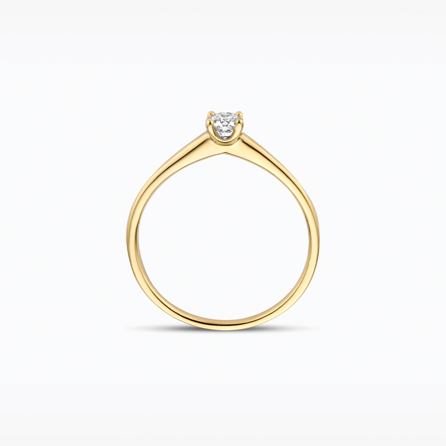 Bague en or jaune 14 carats avec Diamant de synthèse ronde, vue de profil.