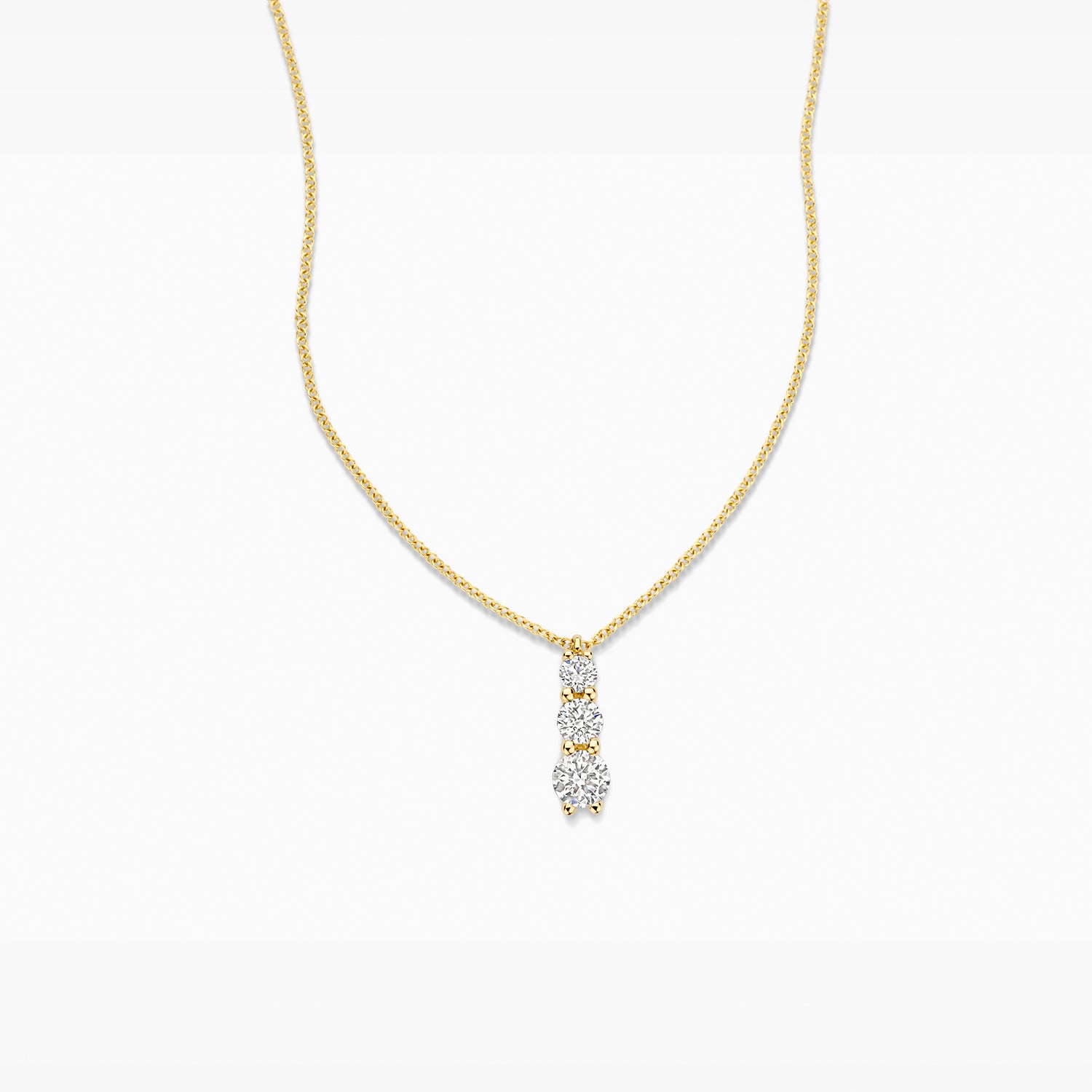 Collier van 14k goud met verticale hanger van drie lab-grown diamanten.