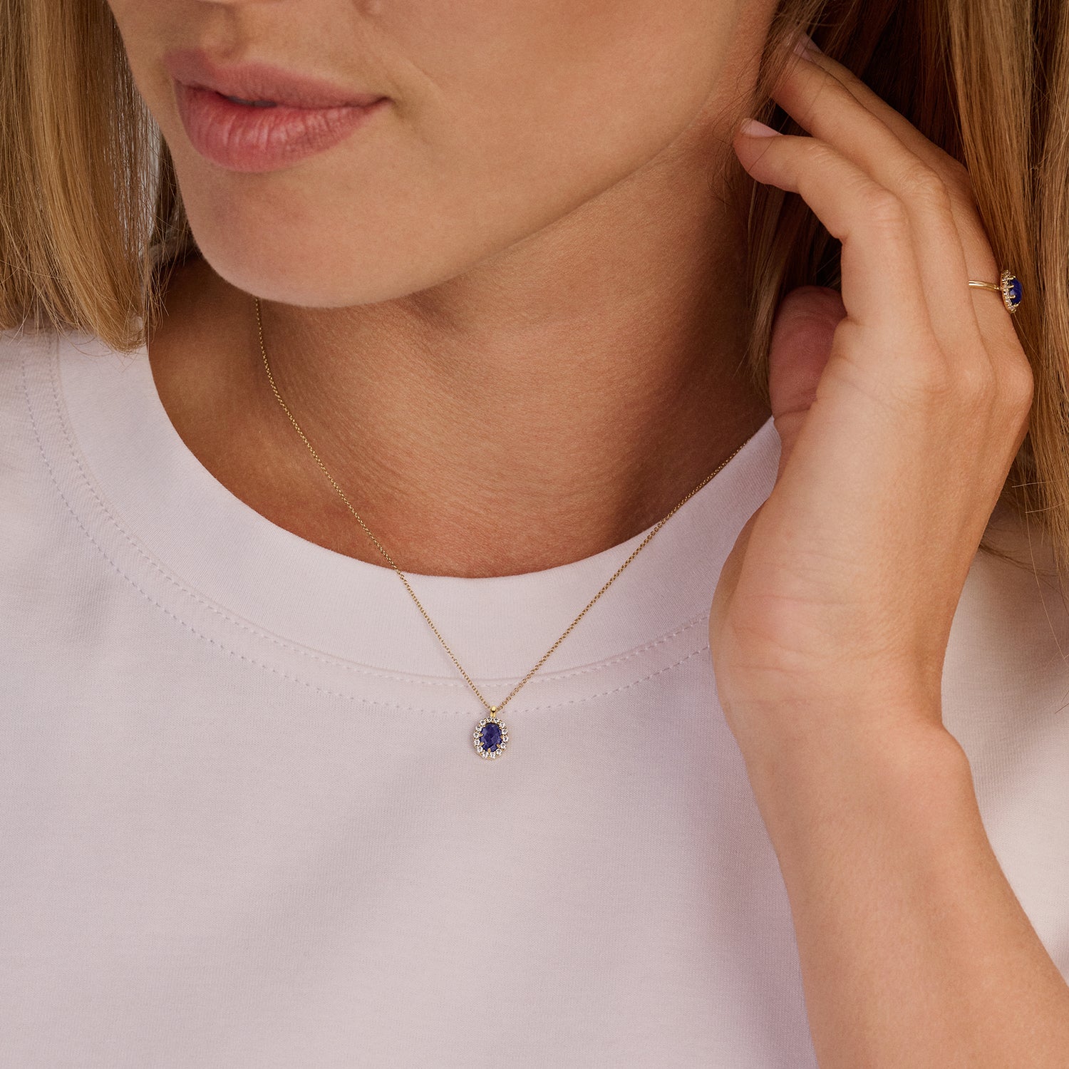 14ct gold Lab Grown Diamond ring and Necklace, styled together.