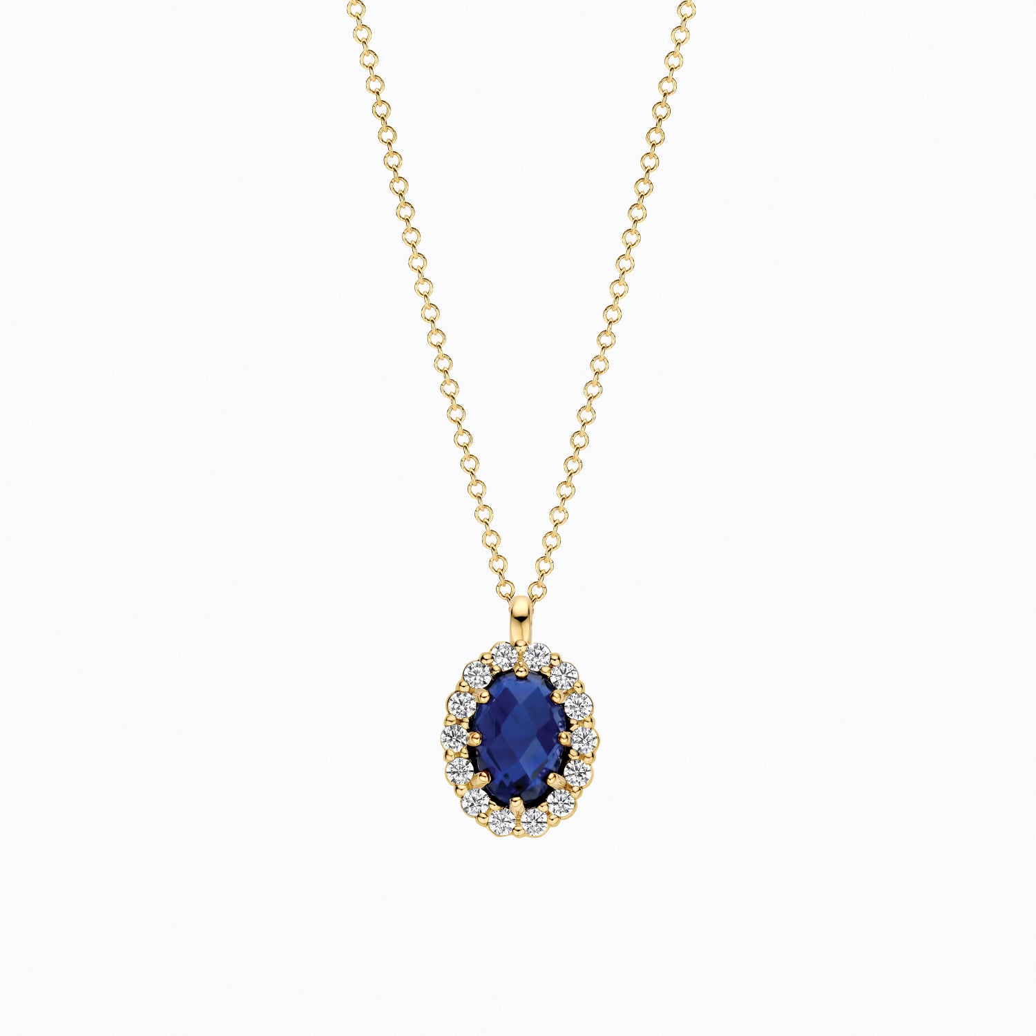 14ct yellow gold necklace with a lab-grown and blue Diamond pendant, close-up.