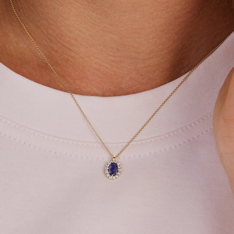 14ct yellow gold Necklace with Lab Grown Diamond and a blue Diamond pendant, front view.