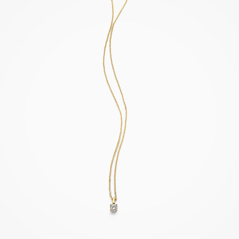 14ct yellow gold pendant with a round Lab Grown Diamond on a delicate chain, side view.