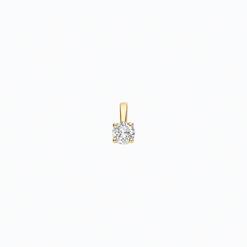 14ct yellow gold pendant with a round Lab Grown Diamond, front view.
