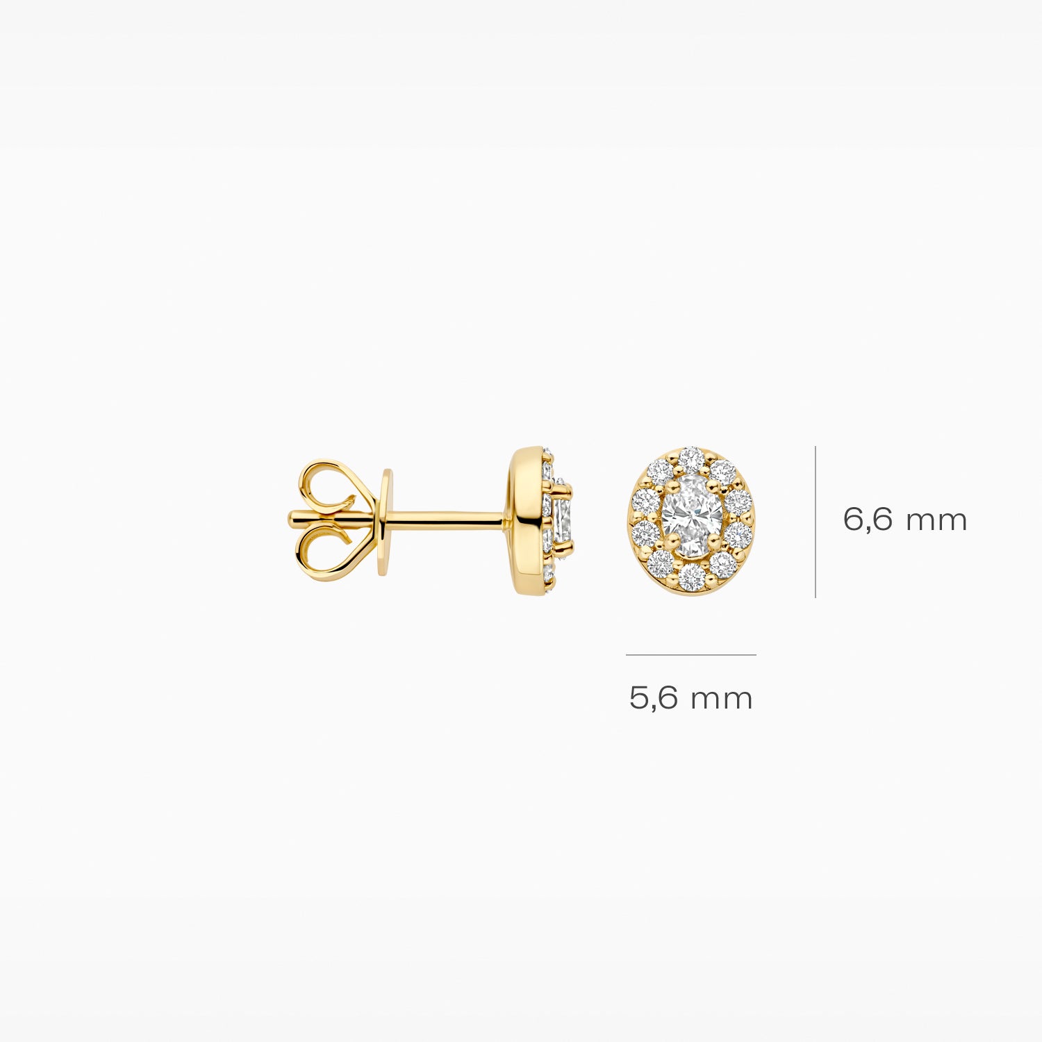 Oorstekers van 14k goud met ovale cluster van labdiamanten, 5,6x6,6 mm.