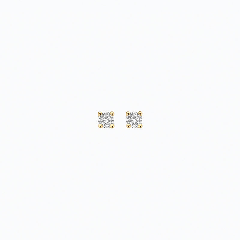 14ct yellow gold stud earrings with sparkling Lab Grown Diamond, side view.